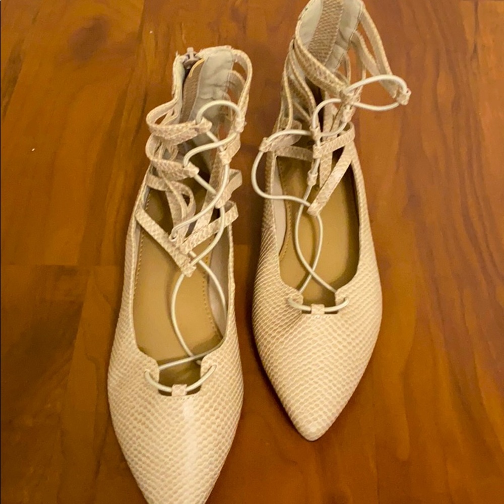 Nude color snake print lace up heels